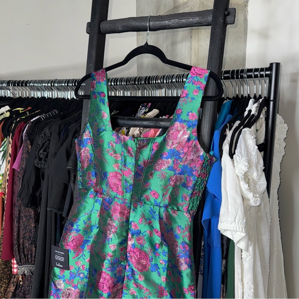 Lulus Compelling Drama Green Floral Jacquard Lurex Bustier Mini Dress Medium New - Picture 13 of 15